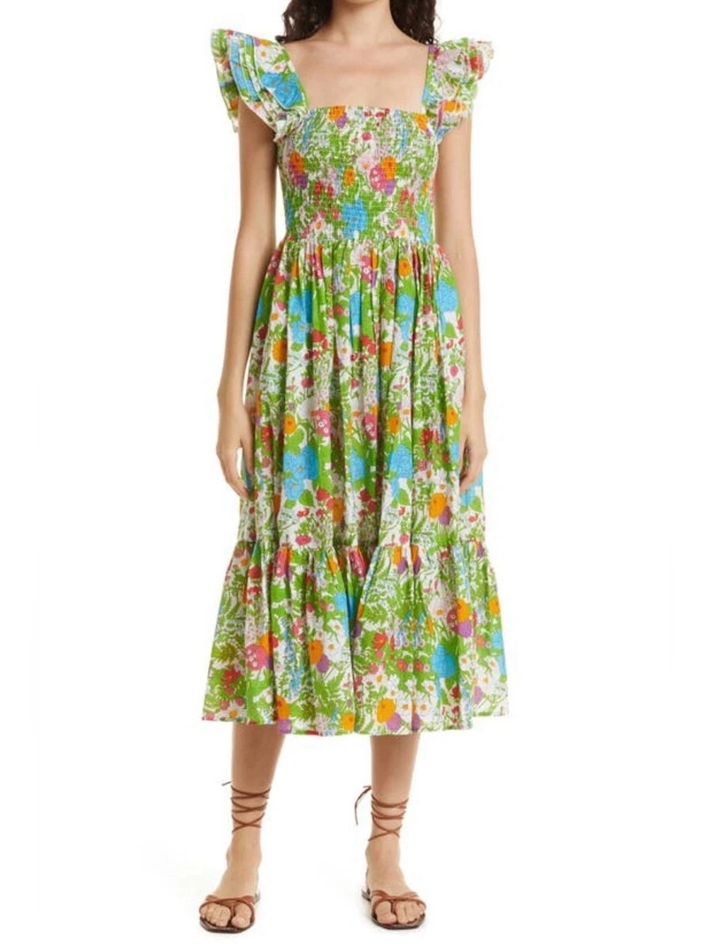 MILLE Olympia Midi Smocked Ruffle Strap in Summer Garden Green Floral Size M